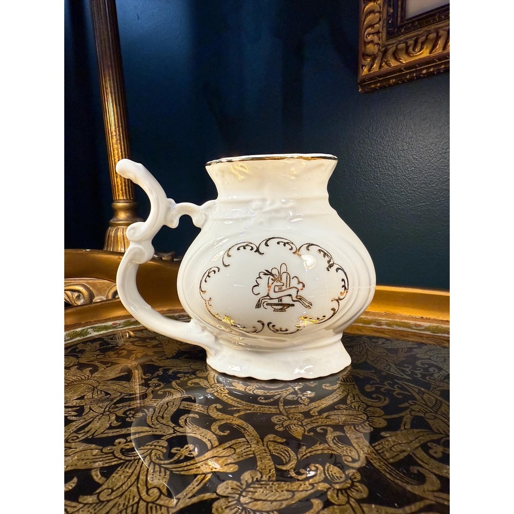 Vintage Czech Porcelain Spa Cup: Gold Gilt Deer Scene, Collectible Souvenir